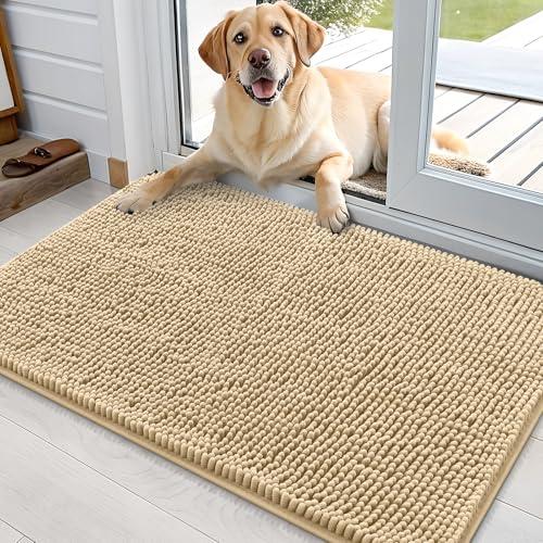 OLANLY Dog Door Mat for Muddy Paws 35x24, Absorbs Moisture and Dirt, Absorbent Non-Slip Washable Doormat, Quick Dry Chenille Mud Mat for Dogs, Entry Indoor Entryway Carpet for Inside Floor, Beige