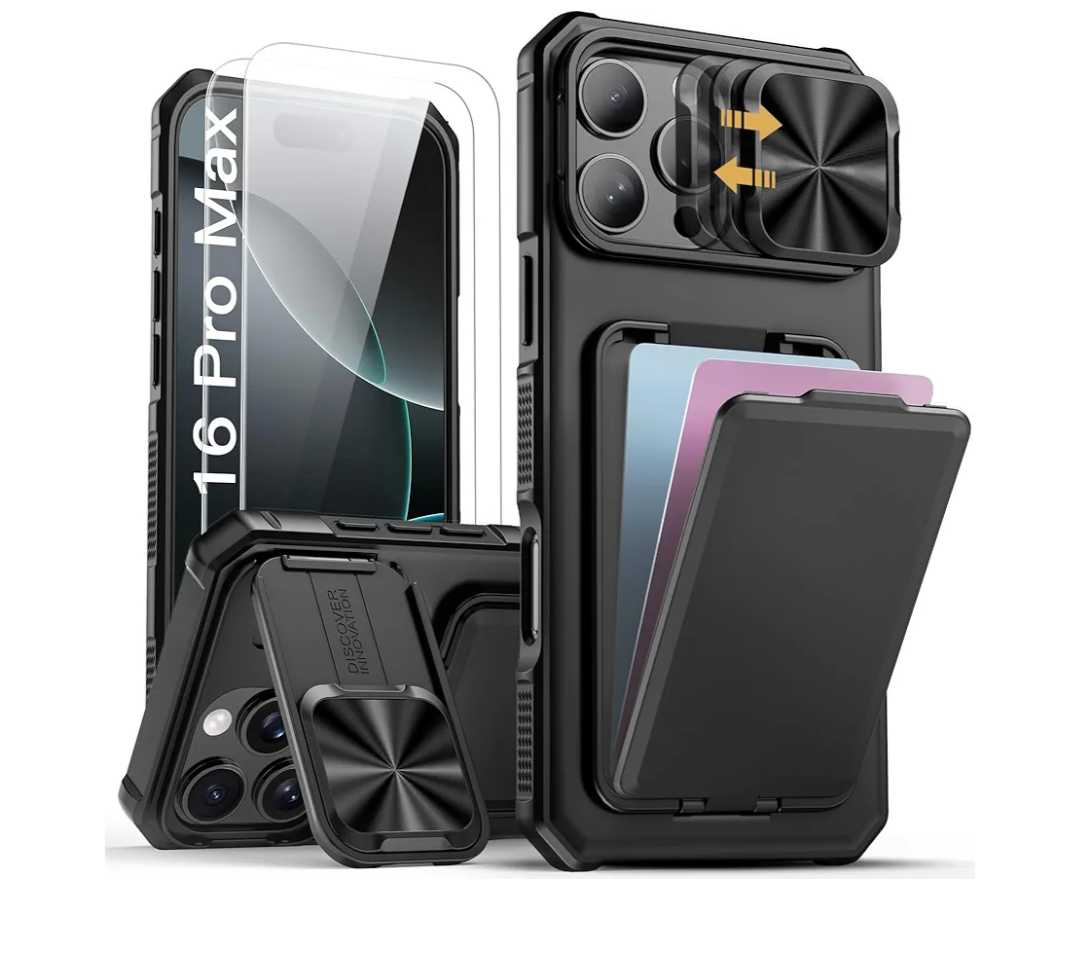 SSLOTSCASE for iPhone 16 Pro Max Case with 2X Screen Protector, Card Holder & Kickstand & Slide Camera Lens Cover, Silicone Edge Rugged Heavy Duty Phone Case Cover for iPhone 16 Pro Max 6.9'', Black