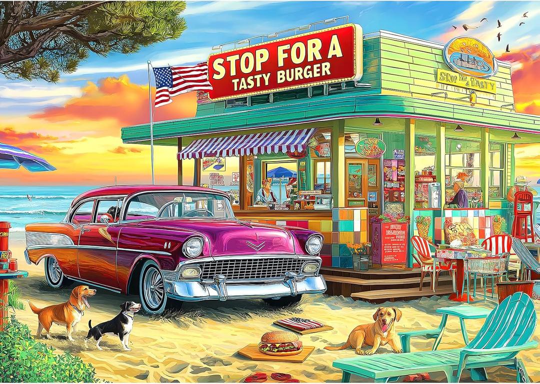 Blueforest Vintage Beach Hamburger Store 1000 Piece Puzzle for Adults & Teens - Challenging Retro Diner Jigsaw with Coastal Decor (27.5" X 19.7")
