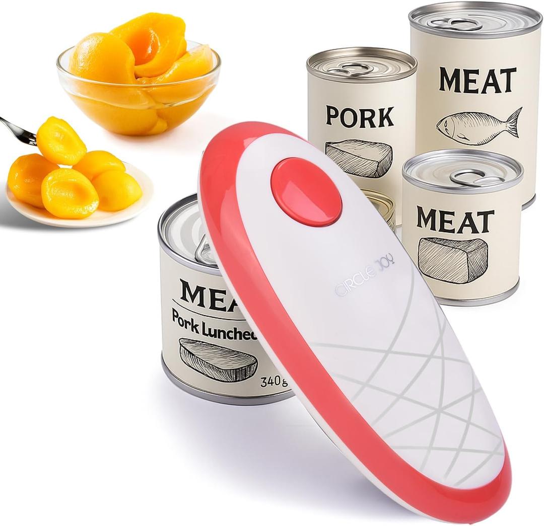 CIRCLE JOY Electric Can Opener, One-Touch Automatic Can Opening with Smooth Edges, Food Safety Handheld Battery-Operated Can Opener for Kitchen and Seniors, Red