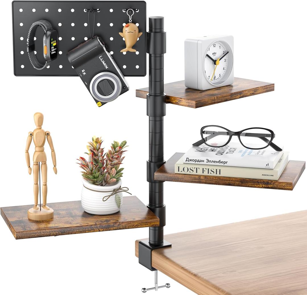 3-Tier Clamp On Desk Shelf, Adjustable 360 Rotatable Above or Under Desk Storage Shelves Holds 33 lbs, Heavy Duty Desktop Organizer with Pegboard Accessories  3 Hook for Home Office Dorm