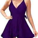SHEKINI Women's V-Front Detailing Swim Skirt Side Tie Ruffled One Piece Swimdress, Size XXL