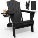 THOEOE Folding Adirondack Chair,HDPE All-Weather Outdoor Chair with Cup Holder,Wooden Textured,Fire Pit Chair,Plastic Patio Chair for Deck,Backyard,Garden,Lawn, Black