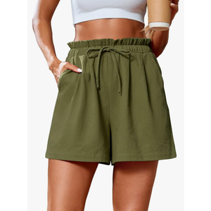 Women's Casual Shorts Drawstring Elastic Waist Shorts Summer Beach Shorts with Pockets Size Large, Olive Green 