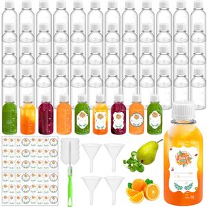 LemonRoad 50 Pcs 5 oz Small Plastic Juice Bottles with White Cap Mini Reusable Clear Shot Jar with Lid Scale and Label for Ginger Liquid Drink Milk Beer Coffee Storage Container Portable Travel