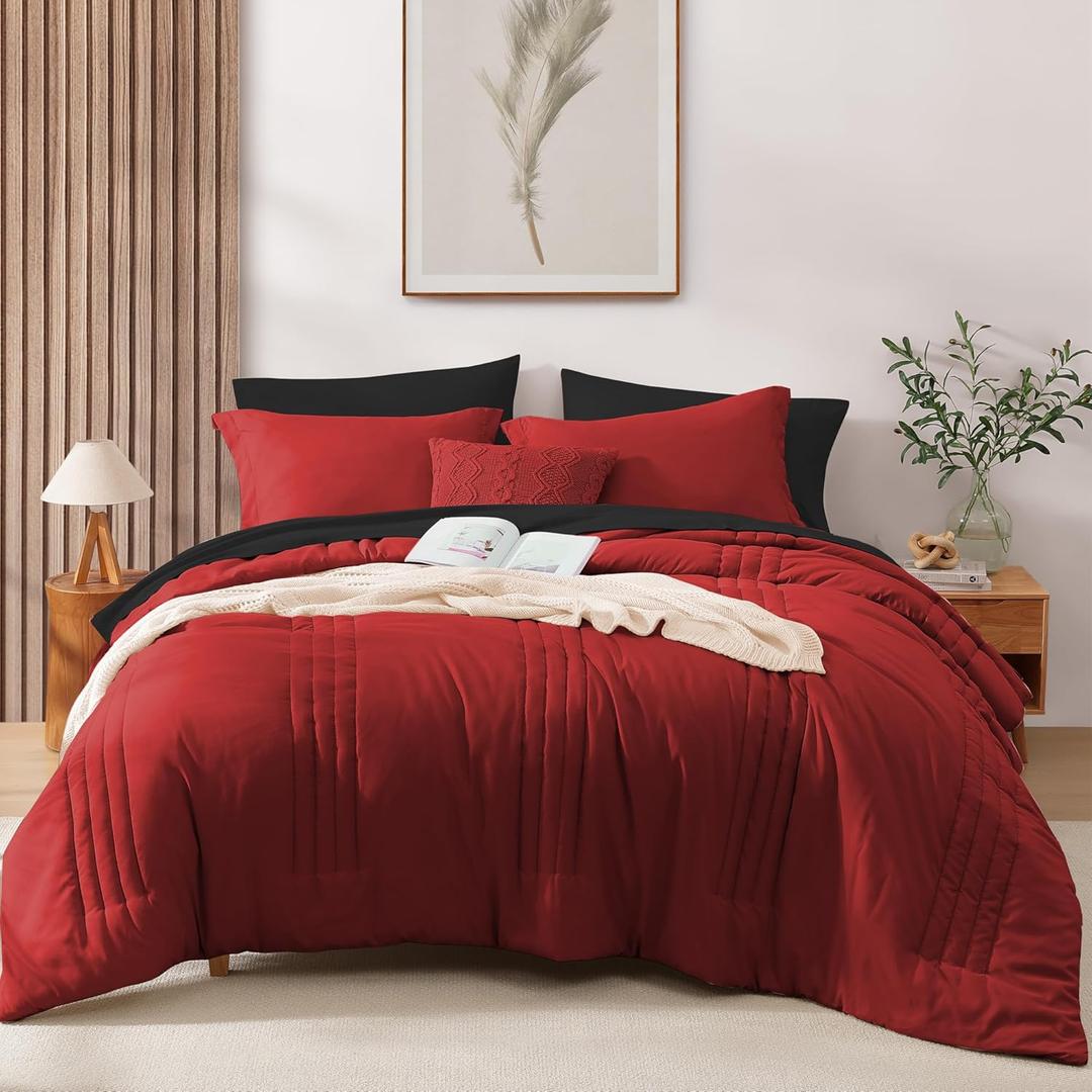 Monbix Full Comforter Set - 7 Pieces Bright Red Bed in a Bag Full Size Bedding Sets with Comforters, All Seasons Comforter with Sheets, Pillowcases & Shams (Full(80"X90"))
