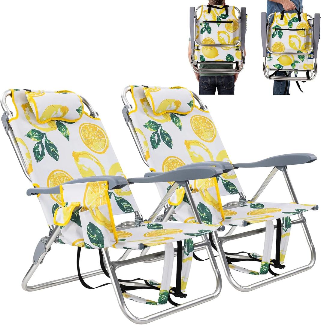 Backpack Beach Camping Chairs with 8 Positions Lay Flat, 2 Pack Lightweight Folding Beach Chair with Adjustable Headrest, Pouch, Cup Holder for Outdoor Lawn Picnic, Support 300LBS (Lemon_Yellow)