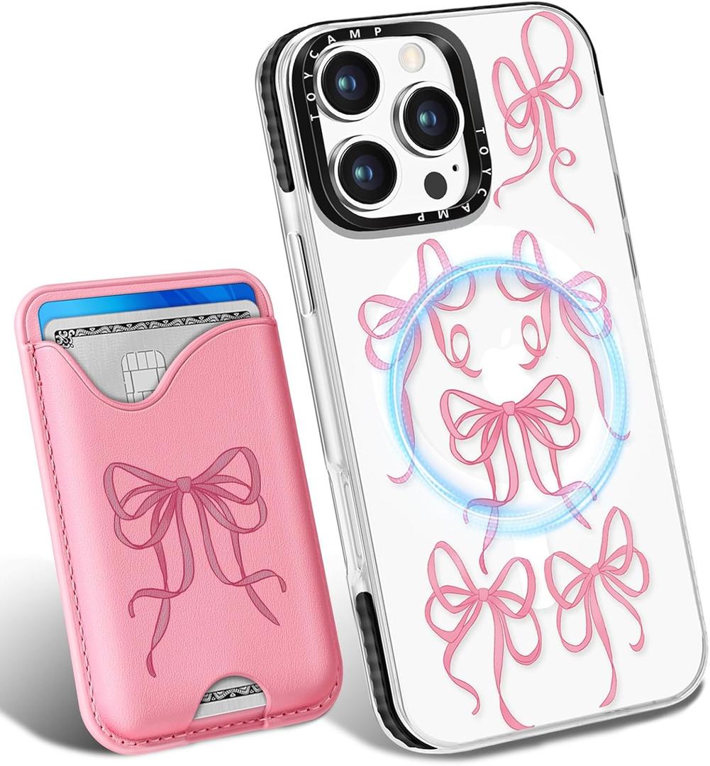 Toycamp for iPhone 16 Pro Max Case - Compatible with Magsafe Credit Card Holder Wallet Magnetic Cute Women Teen Girls Kawaii Girly Unique Bow Design Phone Cover for Apple 16 Promax 6.7"