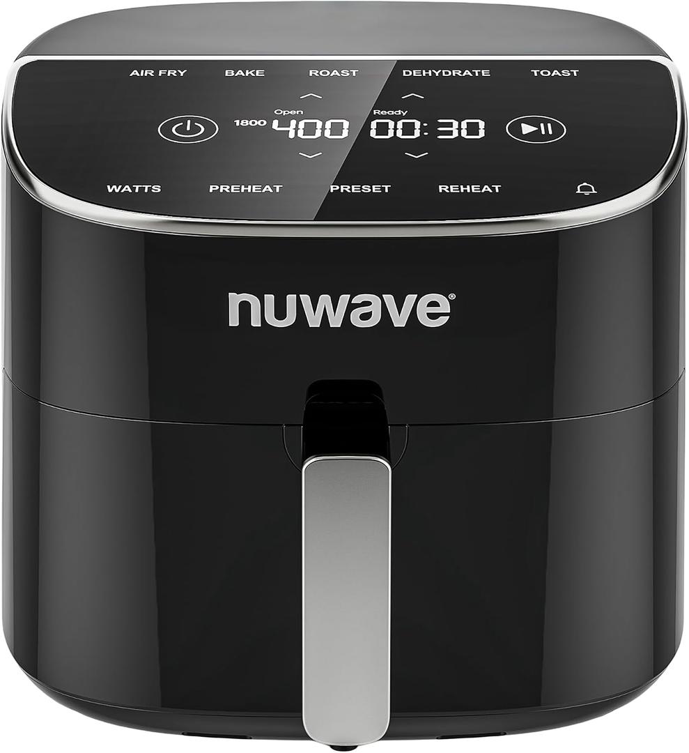 Nuwave Brio Plus 8 Qt Air Fryer, PFAS Free, New & Improved, Digital Touch Screen, Cool White Display, 50F~400F in Precise 5, 5 Cook Functions, 100 Presets & 50 Memory, 3 Wattages 700, 1500, 1800