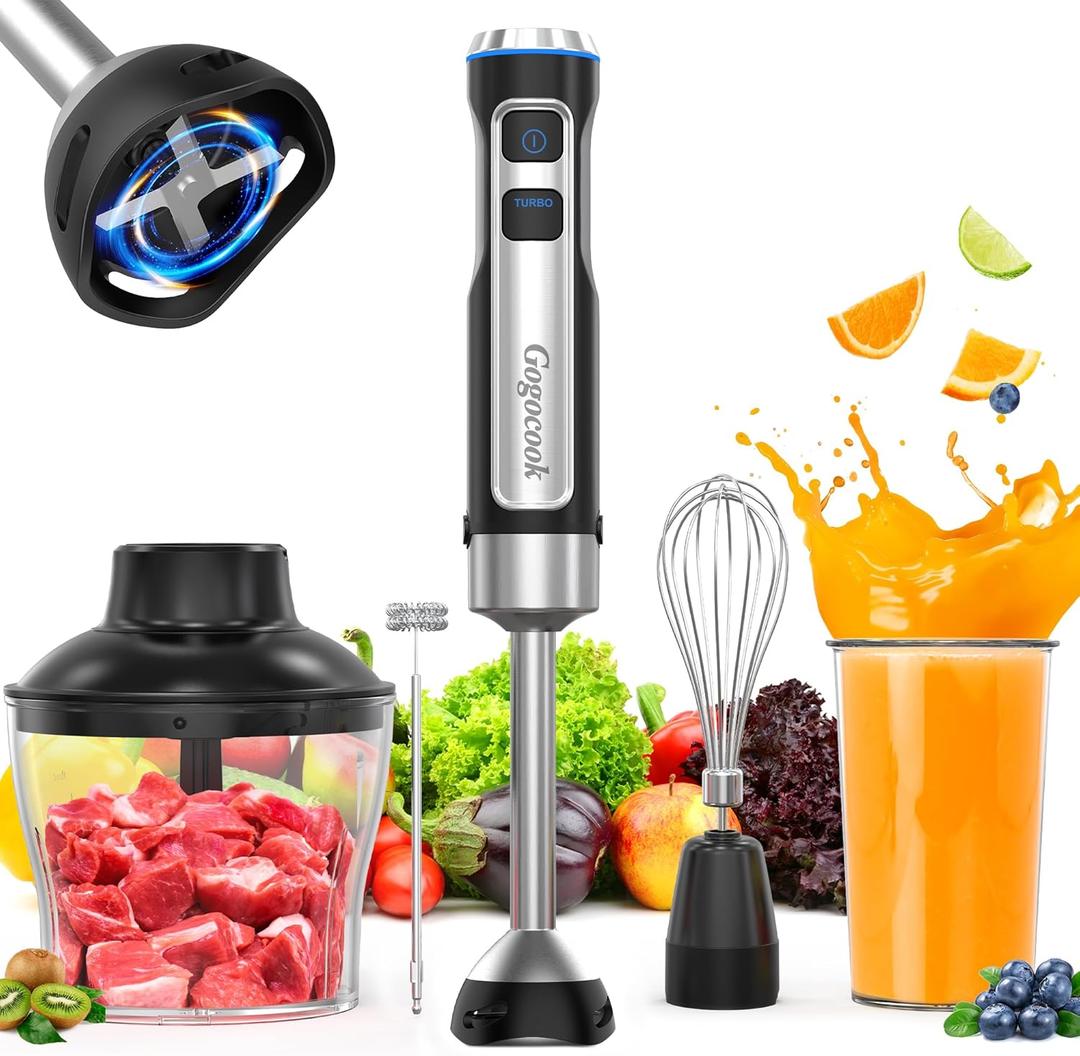 Immersion Blender 5 in 1 Hand Blender, Electric Blenders Max 1000W Heavy Duty Motor, 21 Speed & Turbo Mode Handheld Blender, Milk Frother, Egg Whisk, 800ml Beaker, 600ml Chopper Stainless Steel Blades (Silver)