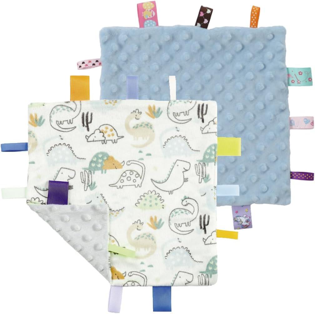 CREVENT Tag Security Blankets for Babies, Soft Small Loveys for Girls, Baby Comforter Sensory Blanket, Great Gifts for Birthday Baby Shower 10"X10" (Dinosaur+Blue)