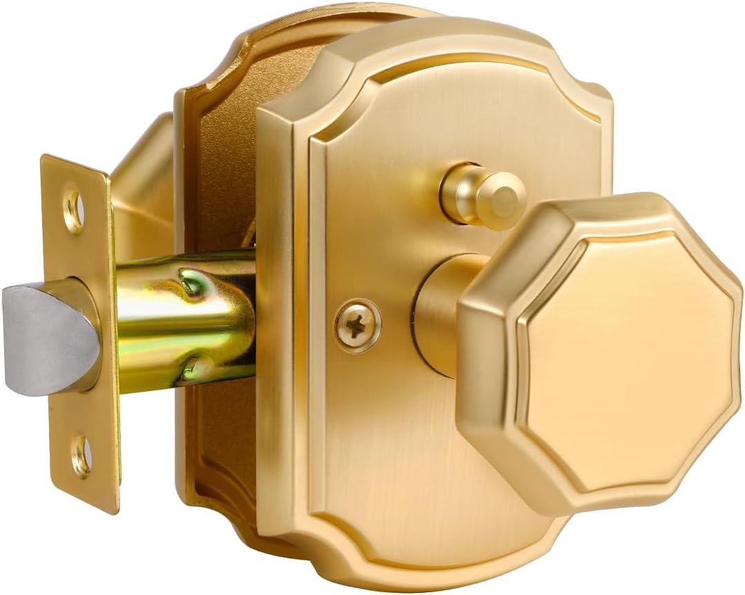 2 Pack Gold Door Knobs Privacy Door Knob Satin Brass Door Knob Interior Brushed Gold Door Knobs for Bedroom and Bathroom,Zinc Alloy