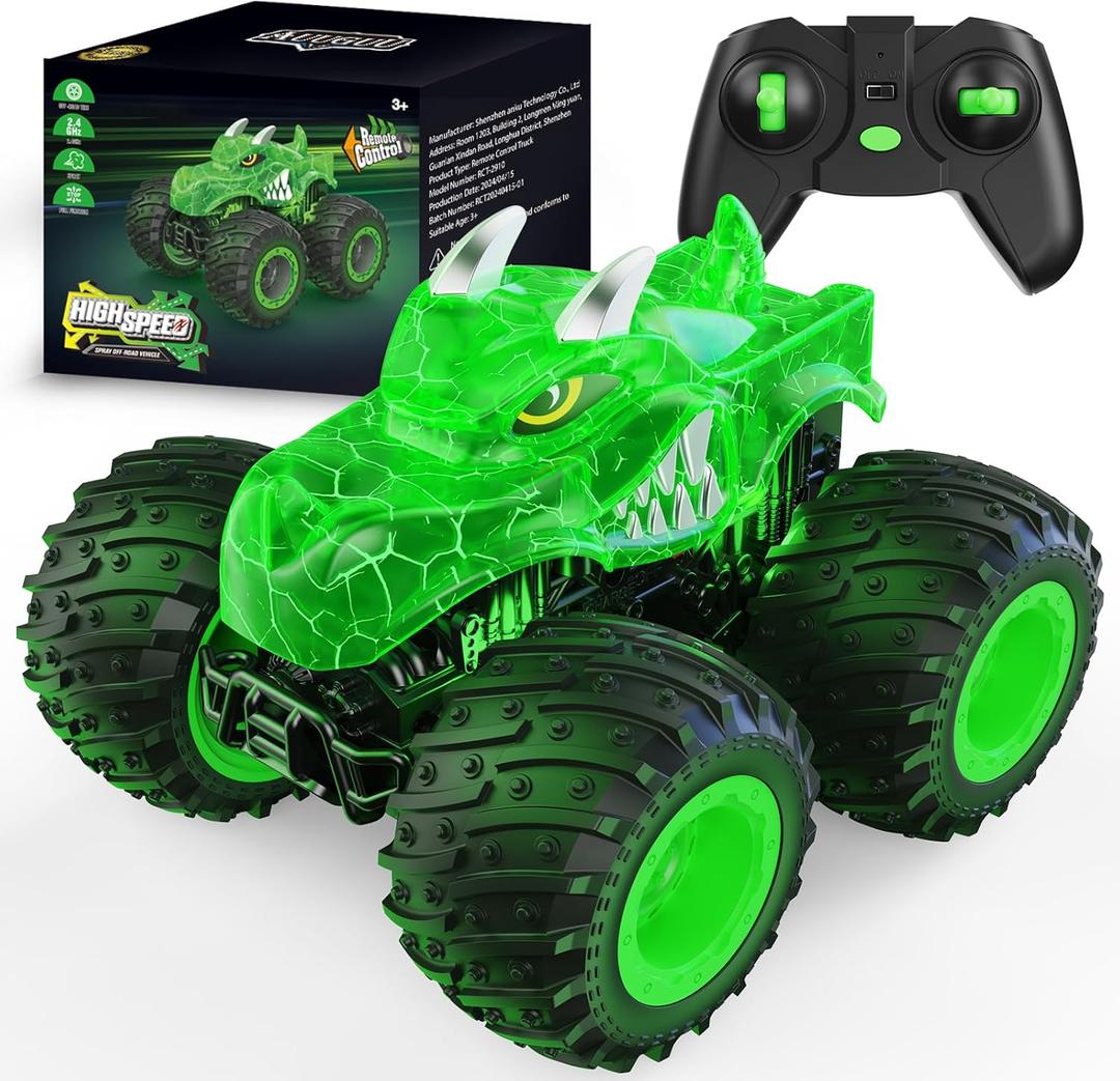 Remote Control Car, 2.4GHz Monster Trucks Toys with Light Spray, Birthday Gift for Kids 3 4 5 6 7 8, All Terrain RC Cars, Toddler Toys for Boys Girls 3+ Year Old (Green)