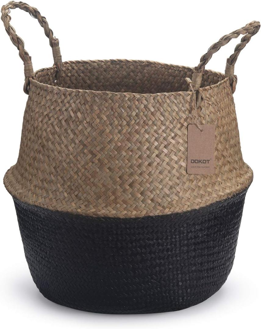Seagrass Plant Basket with Handles Natural Woven Storage Baskets (Black 9 inch D x 11 inch H)