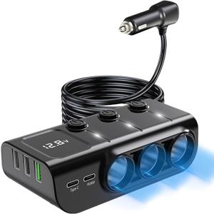 8 in 1 Cigarette Lighter Splitter, LIHAN 3 Socket Car Charger Adapter, Type-C QC3.0 PD36W Dual USB Charger Port, Car 12V/24V Plug Outlet with Independent Switches, LED Voltmeter(3.3FT Cable)