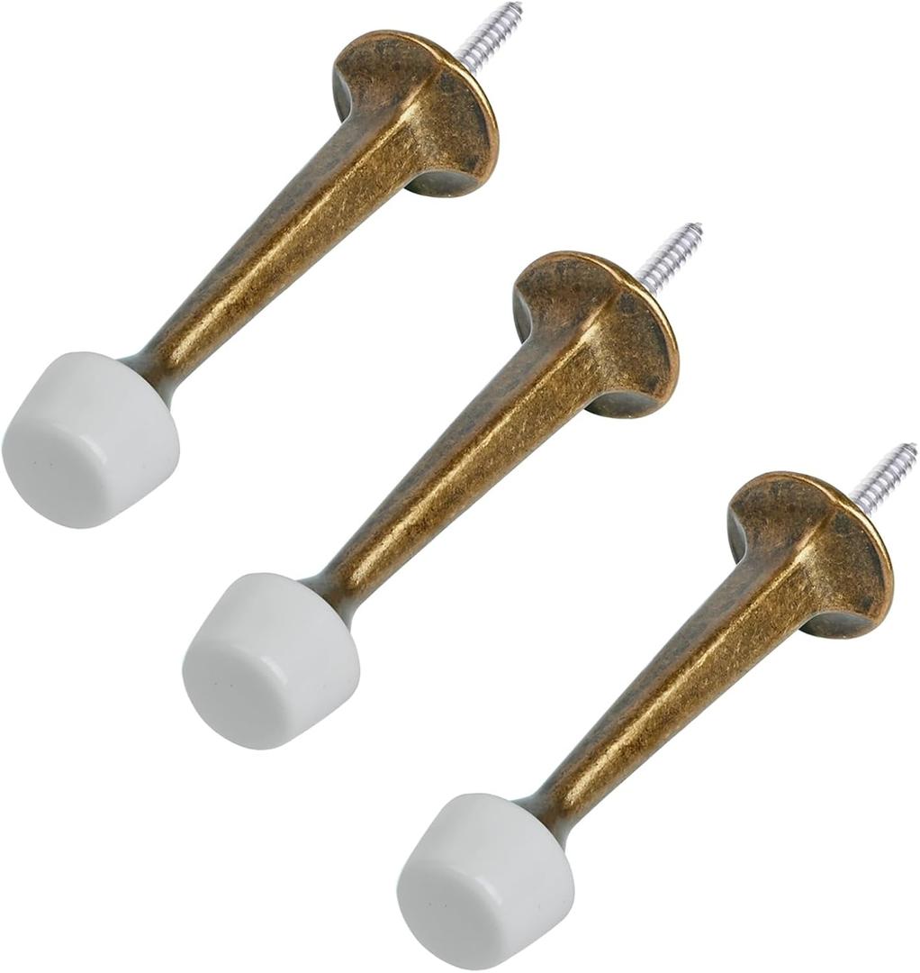 HOMOTEK 3 Pack Heavy Duty Solid Rigid Door Stop with Soft Rubber Tip, Zinc Die Cast Door Stopper Protect Wall & Door,Brass Bronze