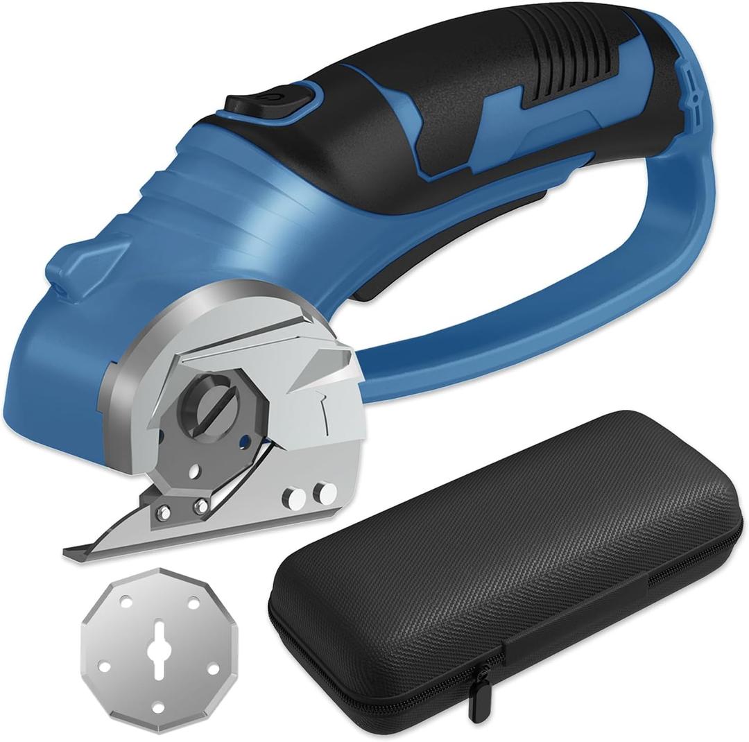Cordless Electric Scissors, 4V Box Cutter & Cardboard Cutter with 2 Titanium Blades - Rotary Cutter with LED Light for Fabric, Leather, Carpet, Plastic, Crafting + Storage Case (Steel Blue)
