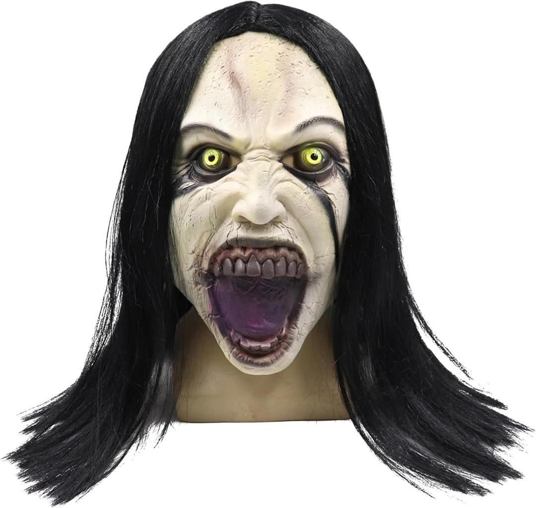 Scary Mask for Women, Horror Crying Woman Mask with Wigs, Halloween Costumes Mask, Quality Latex Full Head Mask, Ideal for Halloween Scary Costumes Cosplay Dance Masquerade Party One Size Fit Most