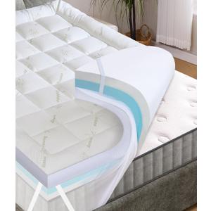 Fracho 4 Inch Queen Memory Foam Mattress Topper, Dual Layer Design with 2" Bamboo Rayon Pillow Top & 2" Cooling Gel Memory Foam, CertiPUR-US Certified Medium-Firm Bed Topper for Pressure Relief, Green-Queen