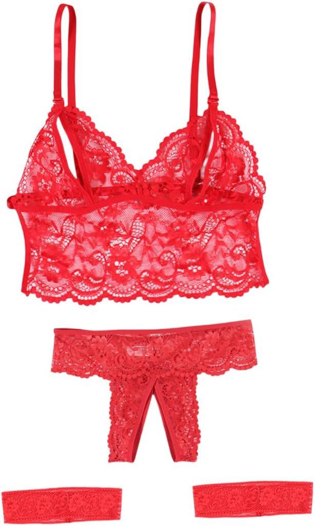 Womens Sexy Floral Lace Lingerie Set - Unlined Bra & Mesh Thong with Belt 3 Piece (Medium, Red)