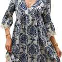 Women's Casual Flowy Boho Paisley Babydoll Mini Dress, Lace 3/4 Bell Sleeve Empire Waist A-line Swing Ruched Vacation Dresses (Blue, S)