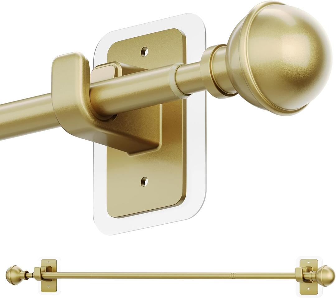 ENJOYBASICS No Drill Curtain Rods for Window 28 to 60 Inches, 5/8 Inch Diameter Renter Friendly Drapery Rod with Adhesive Brackets without Drilling, Adjustable from 27 to 65 Inches, Gold