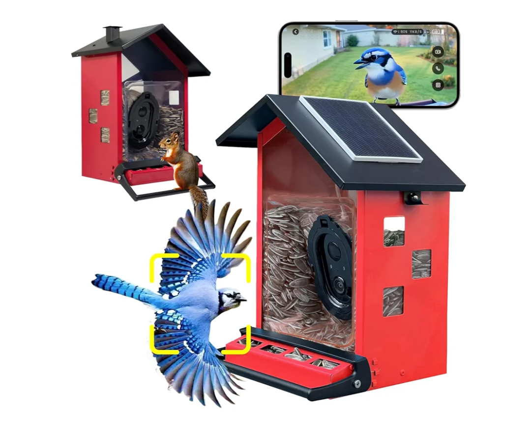 Bird Feeder with Camera Solar Powered, Upgraded Metal Smart Birds Feeders Squirrels Proof, 2K HD Video Auto Capture, Identify 10000 Plus Species, Notify in Time, Ideal Gift for Bird Lover, RED