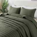 ROARINGWILD Olive Green King Size Quilt Set, Striped Pick Stitch Lightweight Bedspread, Soft Channel Farmhouse Rustic Coverlet, Spring Summer Thin Comforter, Country Bedding, 104x90 inches