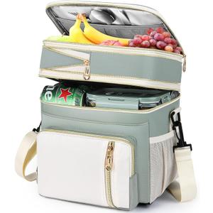 Lunch Box & Lunch Bag for Women Men, Expandable Large Insulated Adult Lunch Bag with Strap, Double Deck Leakproof Lunchbox Durable Cooler Bags for Work Picnic Beach,16L, Olive Green & White