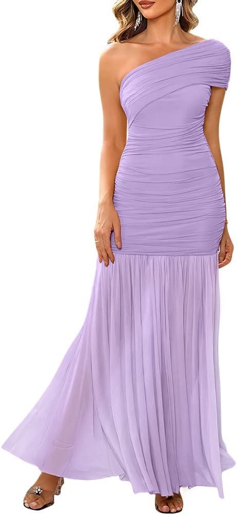 LAGSHIAN Womens Formal One Shoulder Sleeveless Evening Long Dress (Purple, XL)