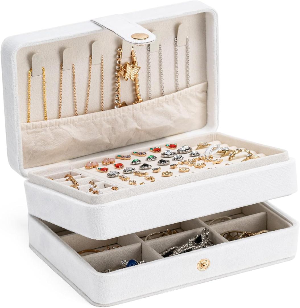 MODENGKONGJIAN Jewelry Organizer Box, 2-Layer Large Jewelry Storage Case, Portable Travel Jewelrys Display Holder for Earrings, Necklaces, Bracelets (White,Velvet)
