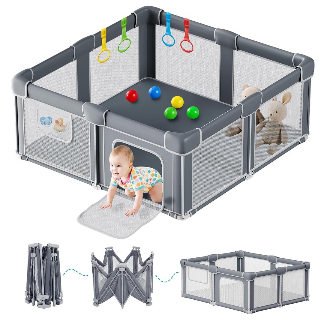 Foldable Baby Playpen with Mat, 50x50 Inches, Grey