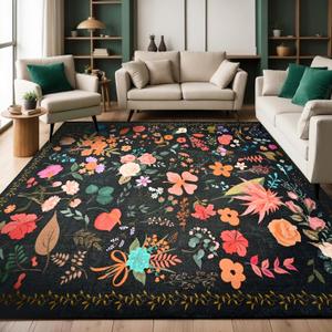 Area Rug 8x10, Washable Large Rugs for Living Room, Non Slip 0.27 Low Pile Vintage Floral Large Carpet for Bedroom, Living Room, Dining Room, Kids Playroom (Black)