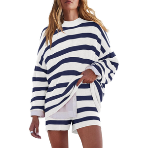 LAMISSCHE Womens Oversized Lounge Sets 2 Piece Outfits Striped Matching Pajama Set Long Sleeve Sweater Set L