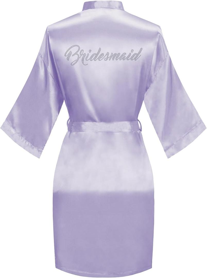 Women's Bride Bridesmaid Robes Short Satin One Size Silver Rhinestones Wedding Party Getting Ready Sleepwear