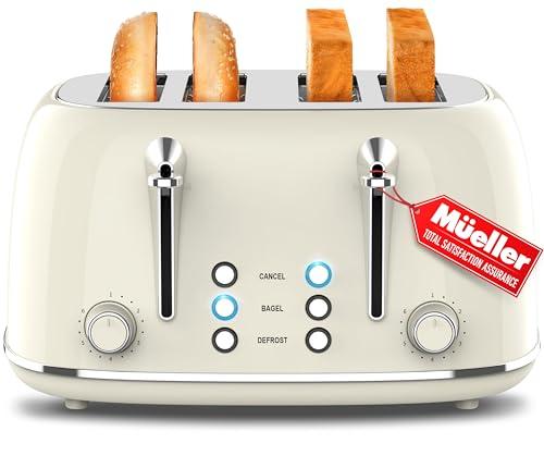 Mueller Retro Toaster 4 Slice with Extra Wide Slots Bagel, Defrost, and Cancel Function, 6 Browning Levels, Dual Independent Controls, Removable Crumb Tray and High Lift Levers, Beige