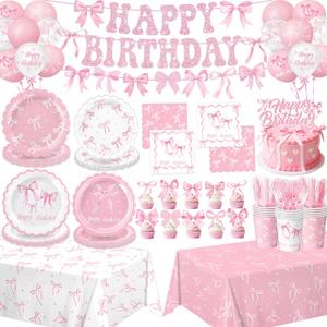 Pink Bow Birthday Decorations Include Plates, Napkins, Cups, Cutlery, Banner, Hanging Swirls, Cake & Cupcake Toppers, Balloons, Tablecloths for Coquette Birthday Decorations, Serves 20