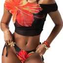 Women's 3 Piece Bikini Set Floral Tie Back Halter Swimsuit with Cover Up Top Beachwear (Large, Black)