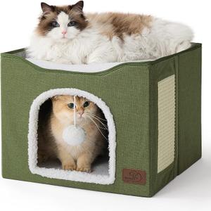 Bedsure Cat Beds for Indoor Cats - Large Cat Cave for Pet Cat House with Fluffy Ball Hanging and Scratch Pad, Foldable Cat Hideaway, 16.5x16.5x13 inches,  Loden Green