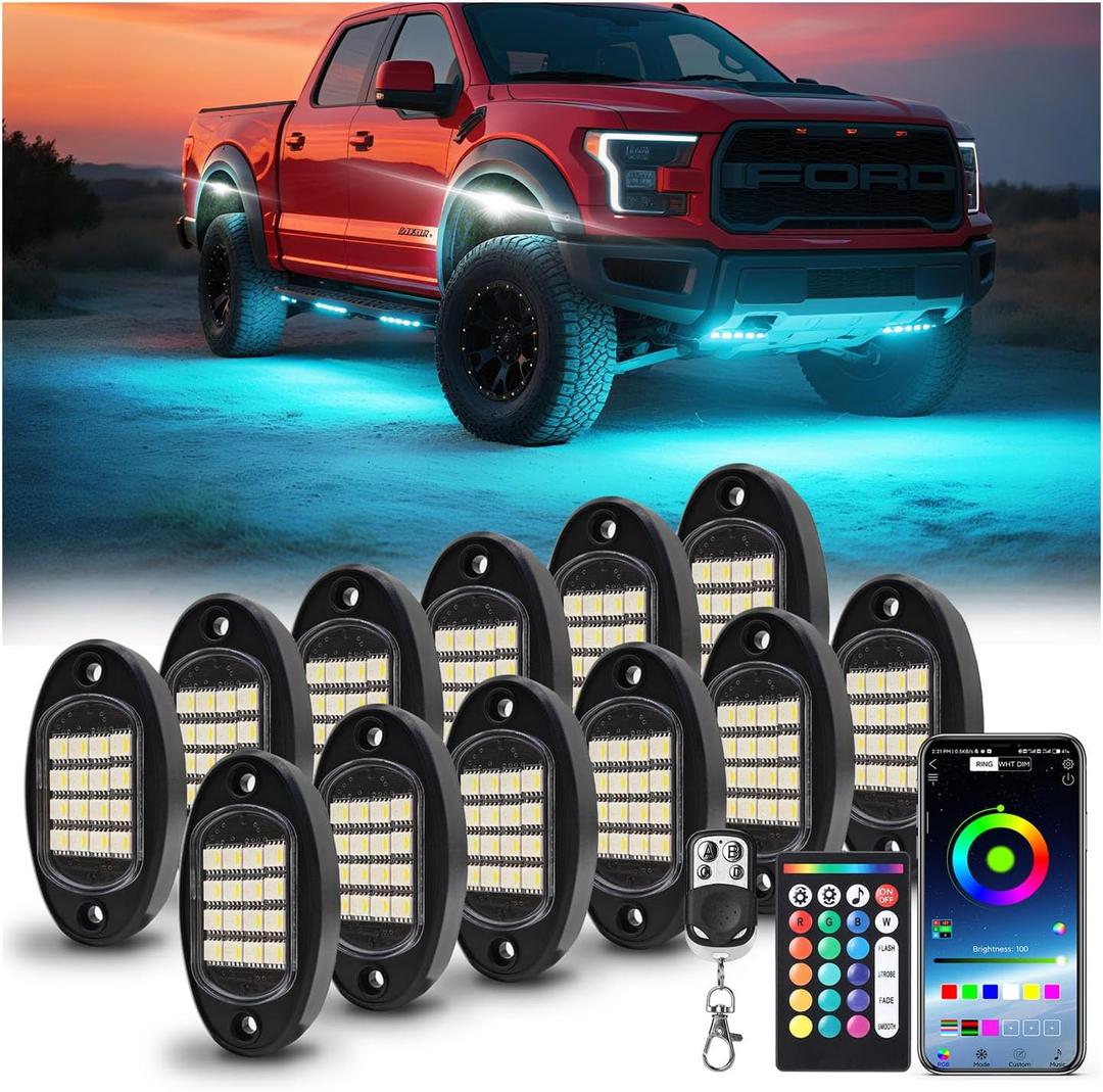 12 Pods RGBW LED Rock LightsPure White Underglow lights for Truck Jeeps Off Road ATV UTV Golf Cart RZR SXS SUV, Waterproof Multicolor Neon Underglow Kit with Bluetooth APP/RF Remote Control,6500k 12V