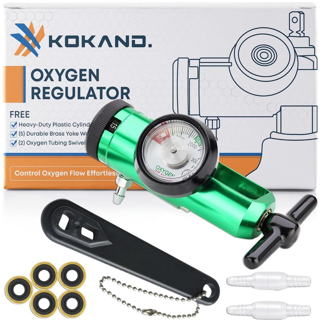 Oxygen Regulator 0-15LPM - Oxygen Tank Regulator with Gauge, CGA-870 Fitting - Includes Wrench Key, 5 Brass Yoke Washer Seals, and 2 Tubing Swivel Connectors - O2 Flow Meter - Green