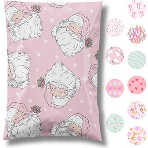 10x13 Designer Christmas Holiday Poly Mailer 100 Pack Heavy Duty Waterproof Self Seal Shipping Bags Large Mailing Envelopes Bulk Tear Resistant Cute Packaging Pink Santa