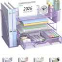 WALI Desk File Organizer, 4 Tier Desktop Paper Letter Tray Organizer with Drawer and 2 Pen Holders, Office Desk Accessories & Workspace Organizers for Office, Home Supplies(DO005DH-V), 1 Pack, Purple