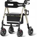 Walkers for Seniors Taller 5.3~7ft, Lightweight Foldable Rollator Walker, Built in Cable, Reinforced Aluminum Frame, 8" Big Rubber Wheels for All Terrain, 350lb Weight Capacity, Golden