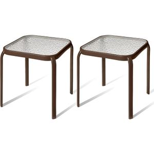 Bronze Metal Outdoor Side Table with Tempered Glass Top Set of 2 Elegant Small 16" Square Patio Table Durable Weather-Resistant Coffee Bistro Accent End Table for Outside and Garden