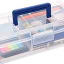 JUXYES Plastic Carry Storage Box with Removable Dividers, Clear Art Craft Supply Storage Bin Sewing Box with Handle Lid, 2 Layers Stationery Storage Case for School/Office Supplies