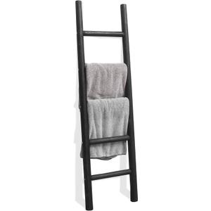 FUIN 57in Wood Blanket Ladder Living Room Decorative Wall Leaning Farmhouse Quilt Display Holder Rustic Wooden Towel Rack for Bathroom, Black