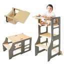 XIHAToy 3-in-1 Montessori Wooden High Chair, Foldable Standing Tower, Converts to Kids Desk & Chair Set, Kitchen Tower for Kids