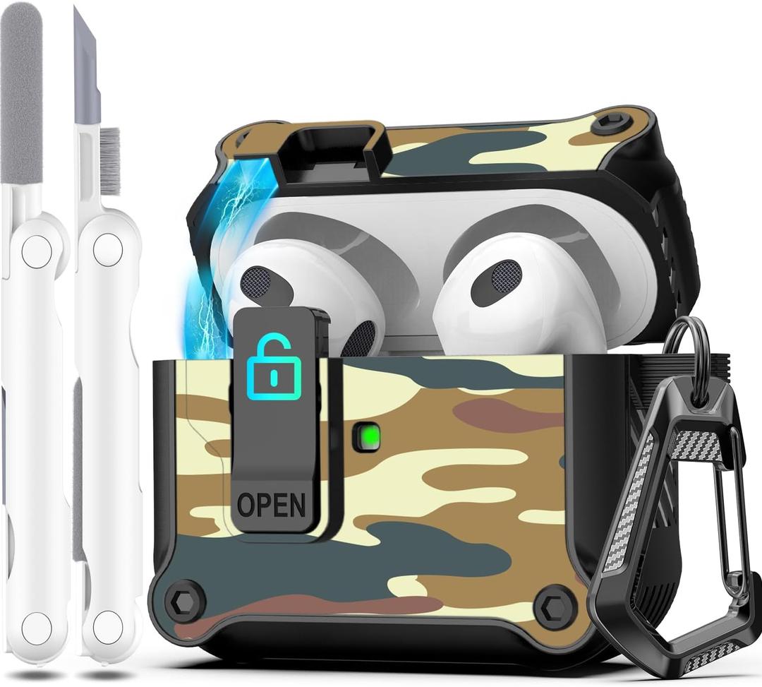 R-fun for AirPods 3rd Generation 2021 Charging Case Cover, Full Drop Protection Auto Pop-Up Lid Design for Apple Airpod 3 Gen Case with Cleaner Kit & Keychain,Desert Camouflage