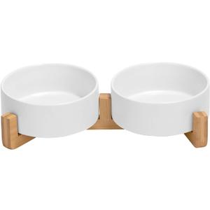 SPUNKYJUNKY Ceramic Dog and Cat Bowl with Wood Stand Non-Slip Matte Glaze Weighted Food Water Set for Cats &Small Dogs 13.5 OZ (1.7 CUPS, White  2)